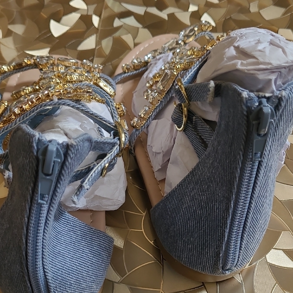 Shoe Dazzle Gold Crystal & Denim Gladiator Sandals - Picture 9 of 12